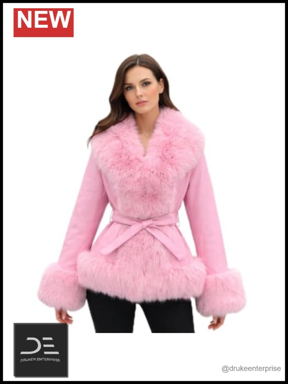 Vegan Leather Waist Length Jacket Faux Fur Trim Fleece Lined Belted Winter Coat
